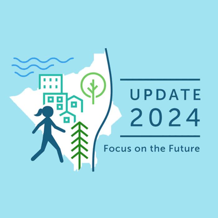 Graphic of buildings, trees, person with Update 2024