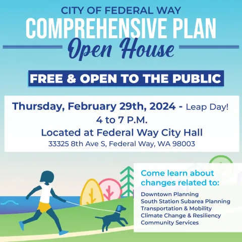 Federal Way Comprehensive Plan Update Flyer - Thursday February 29 2024 - Women Running With Dog 