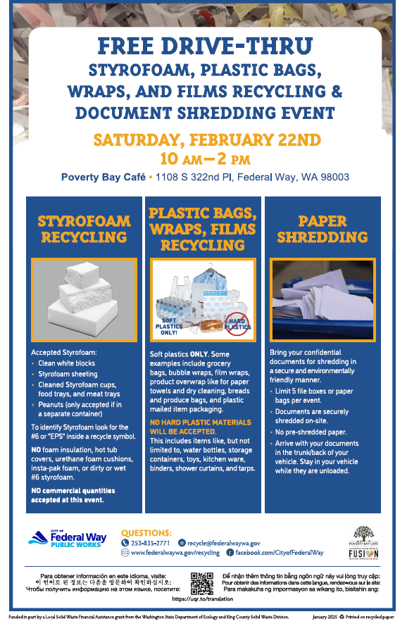 Flyer about February 22nd styrofoam and paper shredding event at poverty bay cafe