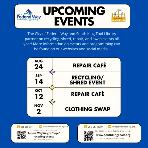 Upcoming Events: Repair Cafe on August 24, Recycling and Shredding Event on September 14, Repair Cafe on October 12, and Clothing Swap on November 2.